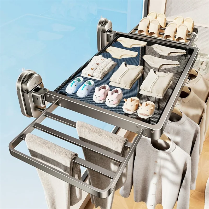 75cm Suction Cup Foldable Drying Net Carbon Steel Indoor Balcony Clothes Socks Drying Rack
