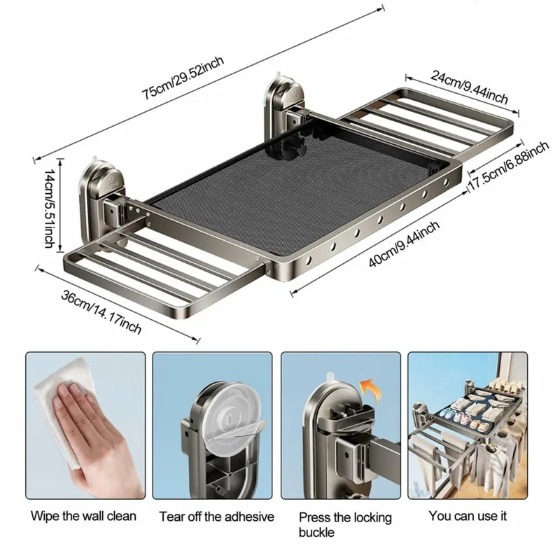 75cm Suction Cup Foldable Drying Net Carbon Steel Indoor Balcony Clothes Socks Drying Rack