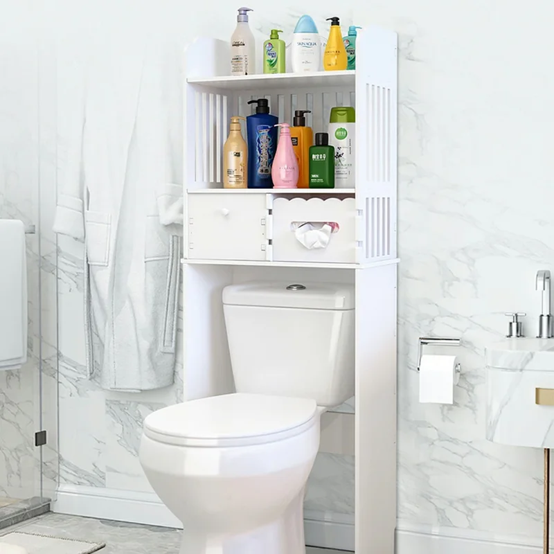 Suporte de Armazenamento para Banheiro sobre Vaso Sanitário, Armário Organizador de Artigos de Higiene e Produtos de Limpeza em Madeira