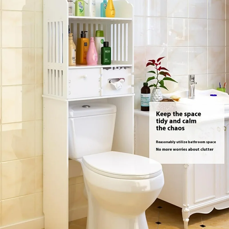 Suporte de Armazenamento para Banheiro sobre Vaso Sanitário, Armário Organizador de Artigos de Higiene e Produtos de Limpeza em Madeira