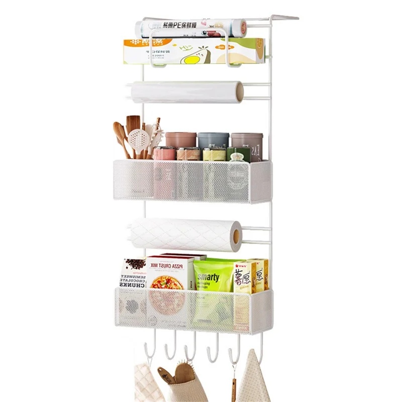 6 Tier Refrigerator Side Organizer Space Saving No Drilling Carbon Steel Kitchen Storage Rack - White