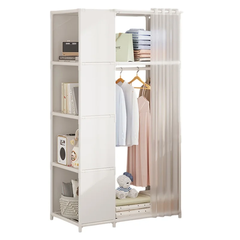 Steel Pipe + Non-woven Fabric Simple Wardrobe Clothes Storage Closet with Dustproof Curtain, Size M - White