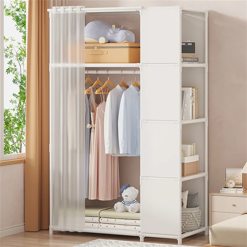 Steel Pipe + Non-woven Fabric Simple Wardrobe Clothes Storage Closet with Dustproof Curtain, Size M - White