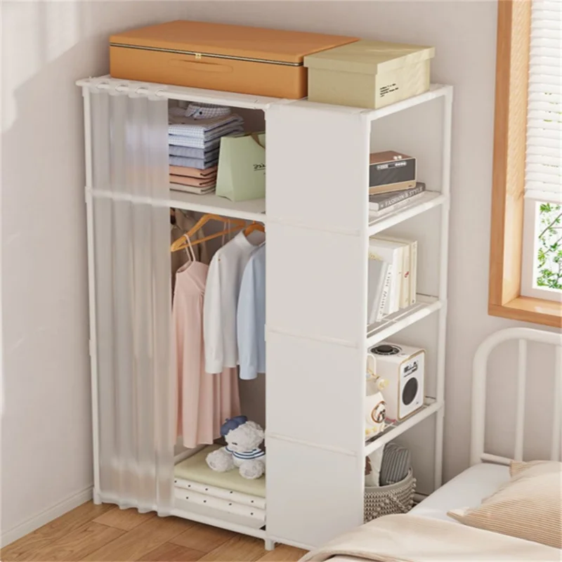 Steel Pipe + Non-woven Fabric Simple Wardrobe Clothes Storage Closet with Dustproof Curtain, Size M - White