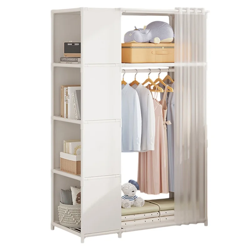 Steel Pipe + Non-woven Fabric Simple Wardrobe Clothes Storage Closet with Dustproof Curtain, Size L - White