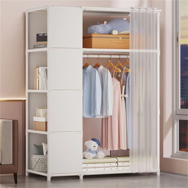 Steel Pipe + Non-woven Fabric Simple Wardrobe Clothes Storage Closet with Dustproof Curtain, Size L - White