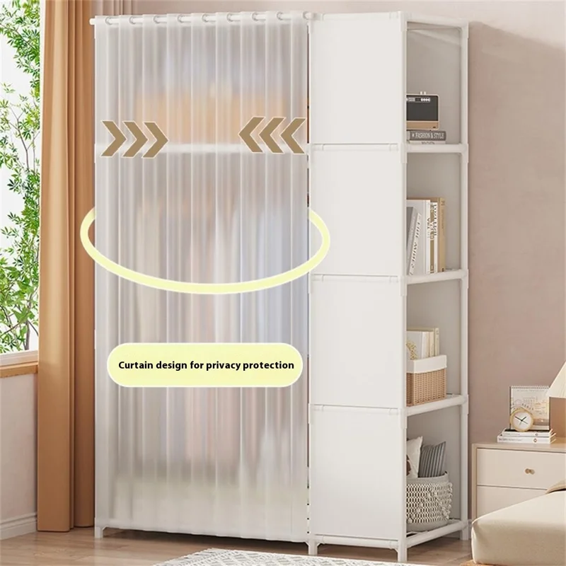 Steel Pipe + Non-woven Fabric Simple Wardrobe Clothes Storage Closet with Dustproof Curtain, Size L - White