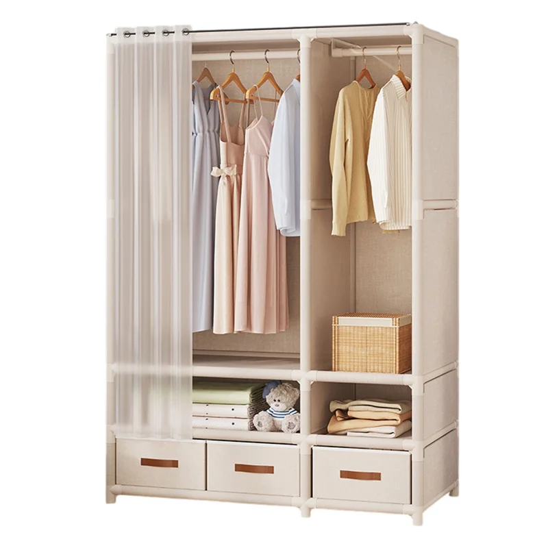 Easy Assembly Dustproof Curtain Double Row Wardrobe Clothes Storage Organizer with 3 Drawers - White