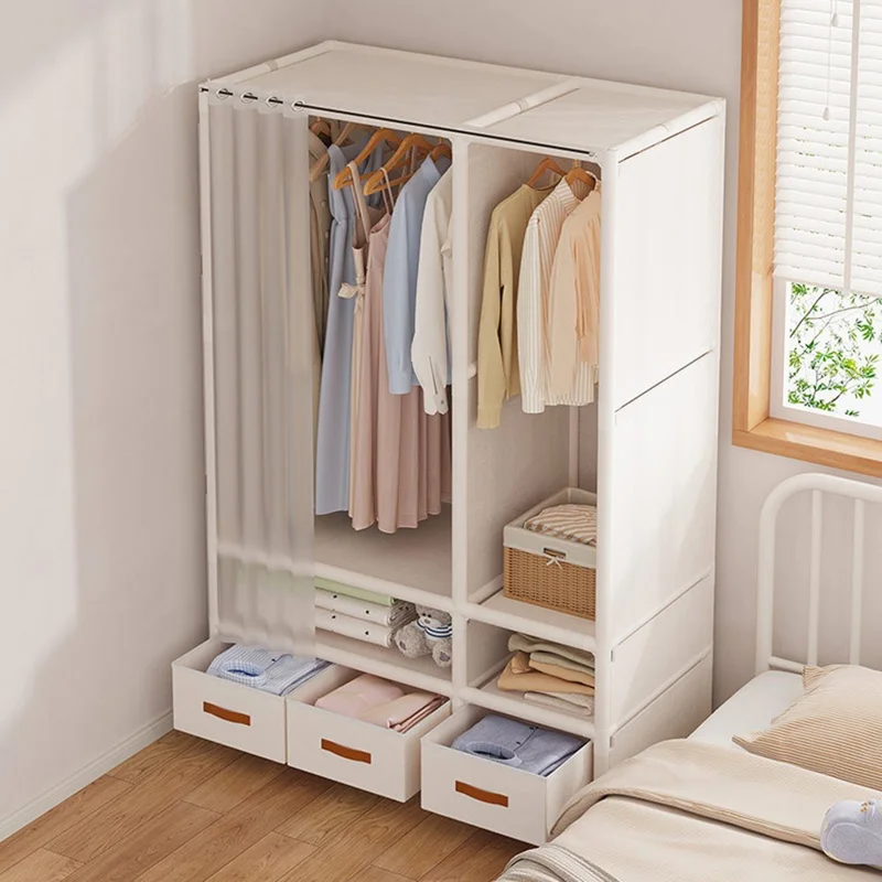 Easy Assembly Dustproof Curtain Double Row Wardrobe Clothes Storage Organizer with 3 Drawers - White