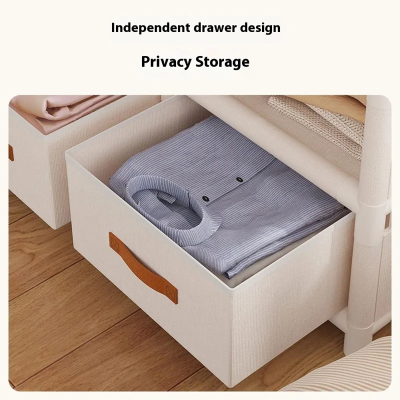 Easy Assembly Dustproof Curtain Double Row Wardrobe Clothes Storage Organizer with 3 Drawers - White