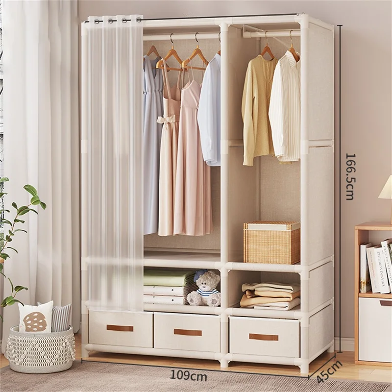 Easy Assembly Dustproof Curtain Double Row Wardrobe Clothes Storage Organizer with 3 Drawers - White