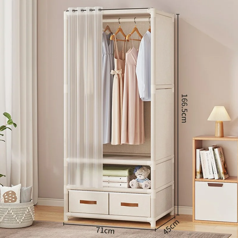 71 x 45 x 166.5cm Assembly Dustproof Wardrobe Storage Closet Organizer Rack, Single Row Two Drawers - White