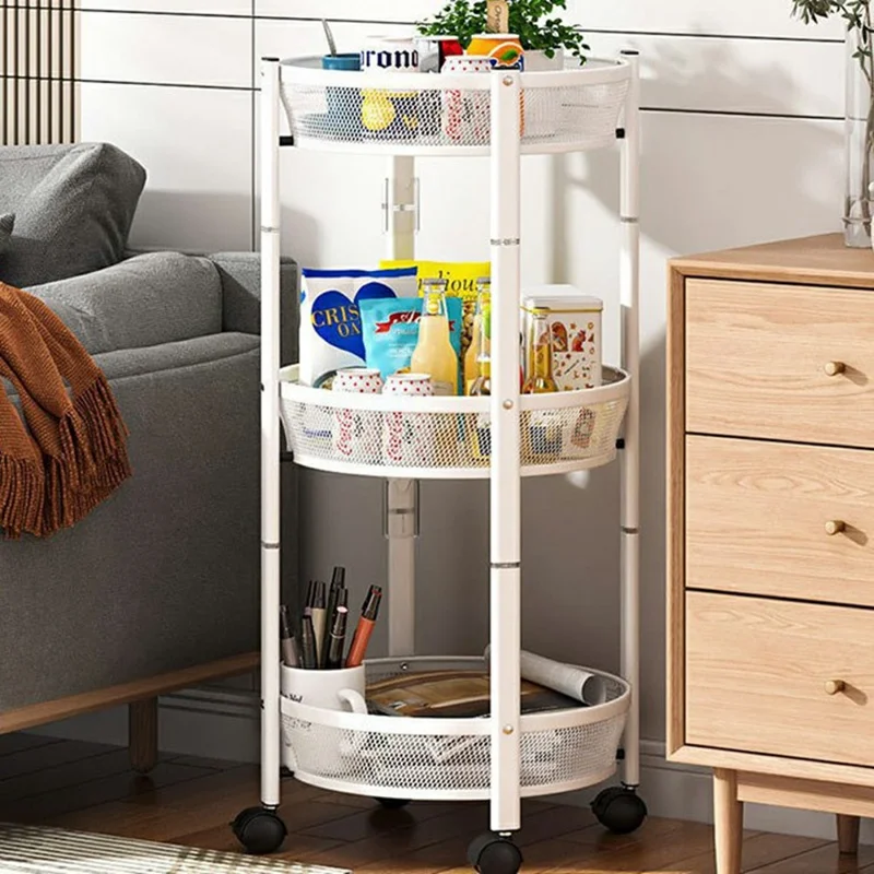Folding Multi-Function Storage Cart Kitchen Organizer Stand 3-Tier Fruit Vegetable Basket Snack Rack - White