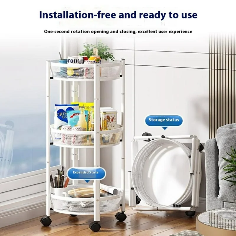 Folding Multi-Function Storage Cart Kitchen Organizer Stand 3-Tier Fruit Vegetable Basket Snack Rack - White
