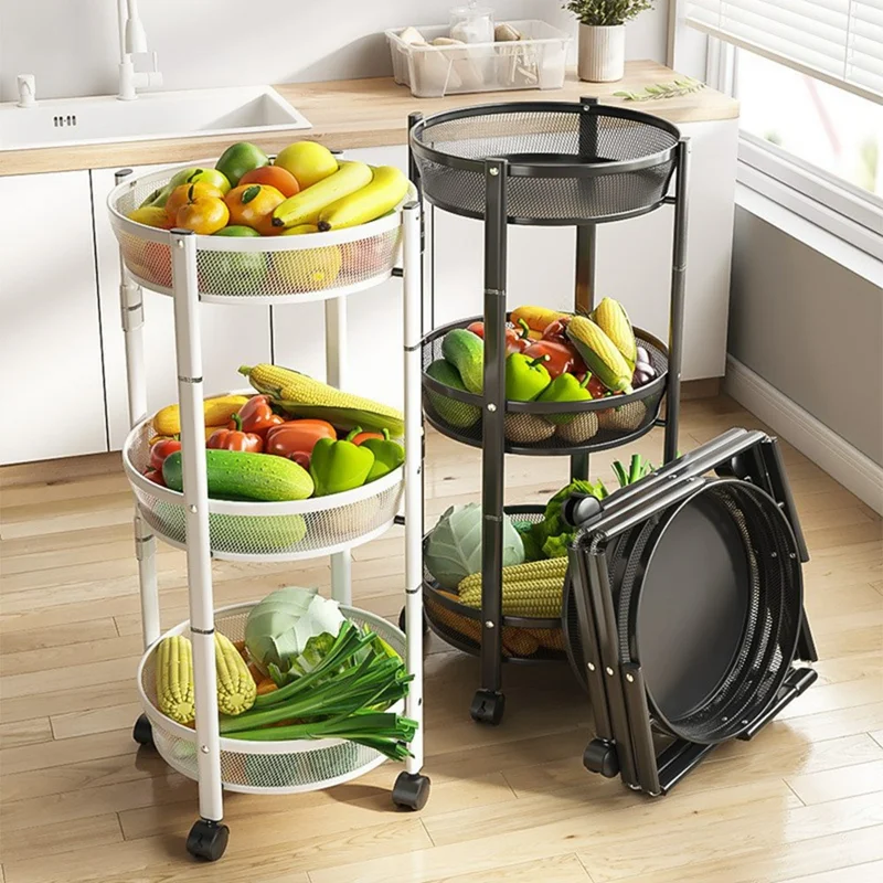 Folding Multi-Function Storage Cart Kitchen Organizer Stand 3-Tier Fruit Vegetable Basket Snack Rack - White