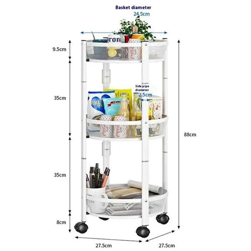 Folding Multi-Function Storage Cart Kitchen Organizer Stand 3-Tier Fruit Vegetable Basket Snack Rack - White