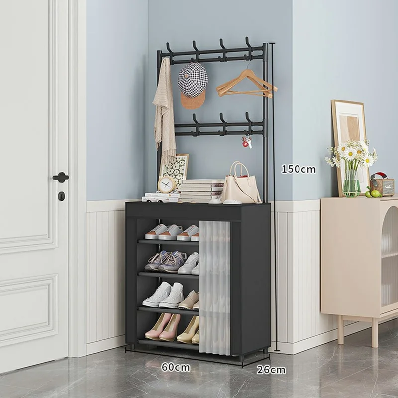 60 x 26 x 150cm 5 Tiers Storage Shelf Multipurpose Shoe Rack with Dust Cover Clothes Hanger for Entryway
