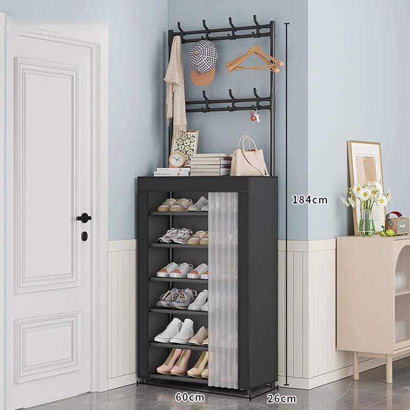 60 x 26 x 184cm 7 Tiers Storage Shelf Multipurpose Shoe Rack with Dust Cover Clothes Hanger for Entryway - Black