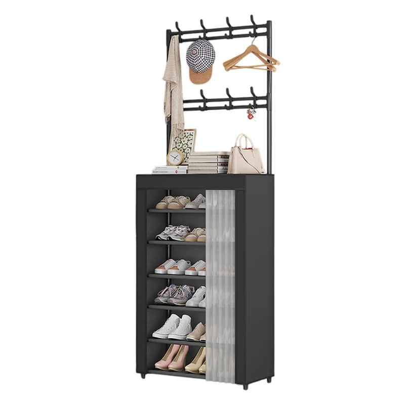 60 x 26 x 184cm 7 Tiers Storage Shelf Multipurpose Shoe Rack with Dust Cover Clothes Hanger for Entryway - Black