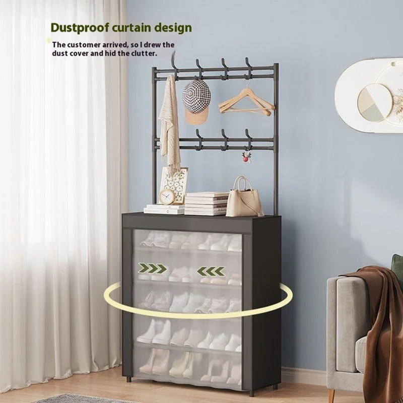 60 x 26 x 184cm 7 Tiers Storage Shelf Multipurpose Shoe Rack with Dust Cover Clothes Hanger for Entryway - Black