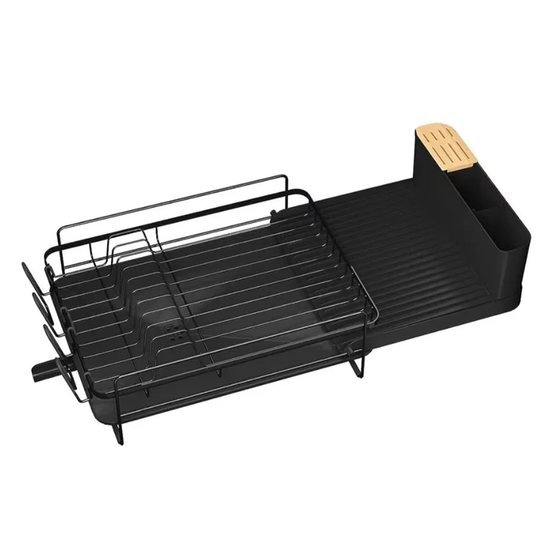 Égouttoir extensible en acier carbone pour cuisine, à placer au-dessus de l'évier, avec support pour ustensiles