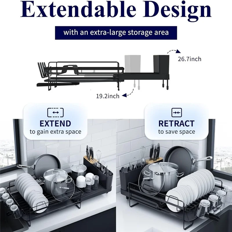 Égouttoir extensible en acier carbone pour cuisine, à placer au-dessus de l'évier, avec support pour ustensiles