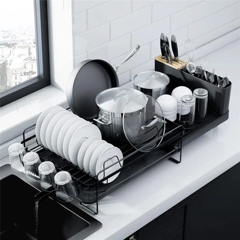 Égouttoir extensible en acier carbone pour cuisine, à placer au-dessus de l'évier, avec support pour ustensiles