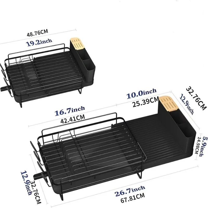 Égouttoir extensible en acier carbone pour cuisine, à placer au-dessus de l'évier, avec support pour ustensiles