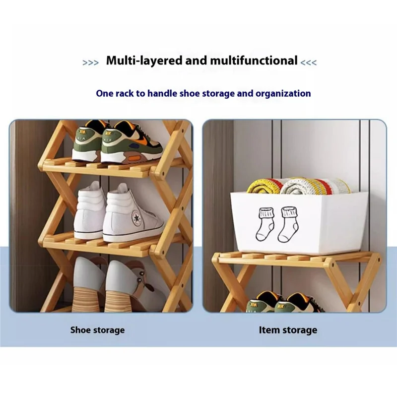 Étagère à chaussures pliable en bambou à 2 niveaux sans installation requise - Organisateur de rangement pour l'entrée de la maison - Couleur naturelle