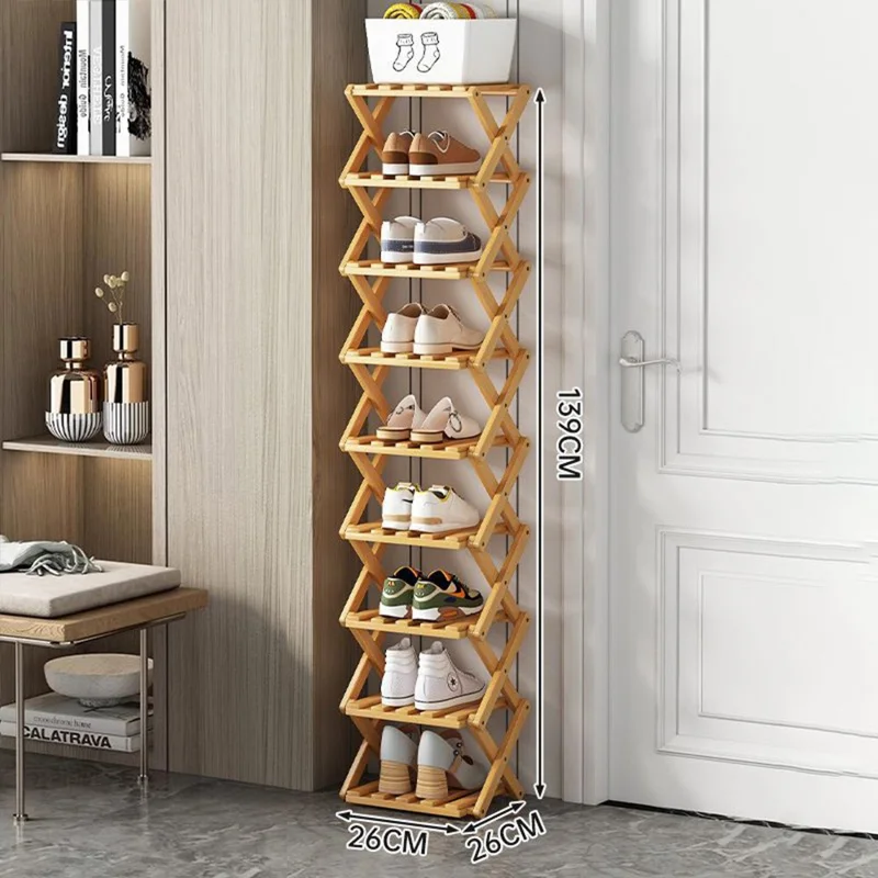 Étagère à chaussures pliable en bambou à 9 niveaux, sans installation requise, organisateur de rangement pour l'entrée de la maison - Couleur naturelle