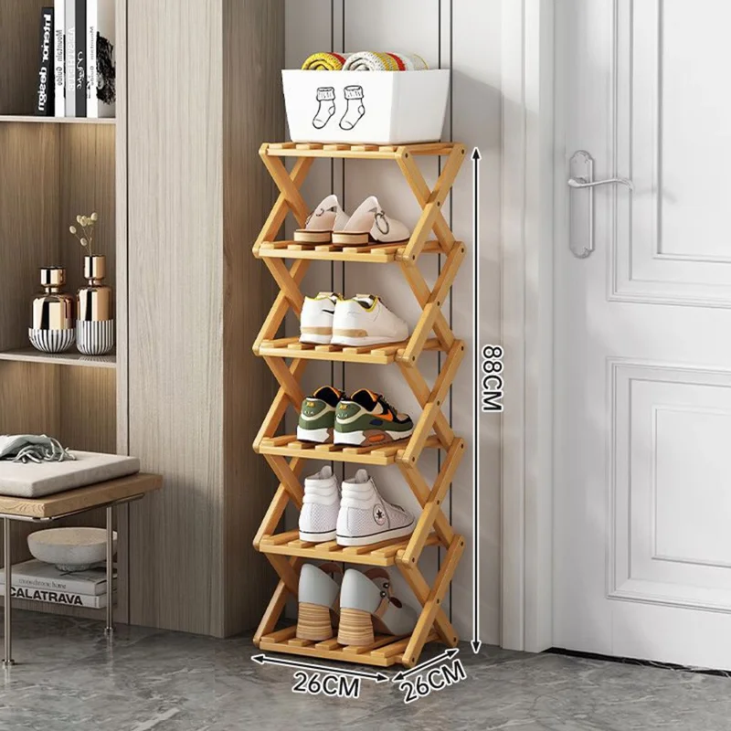 Étagère à chaussures pliable en bambou à 6 niveaux, sans installation requise, organisateur de rangement de chaussures pour l'entrée de la maison - Couleur naturelle