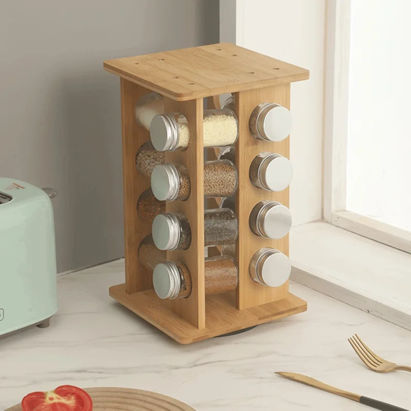 4-Tier Rotating Bamboo Spice Rack Kitchen Countertop Organizer Seasoning Bottles Storage Shelf
