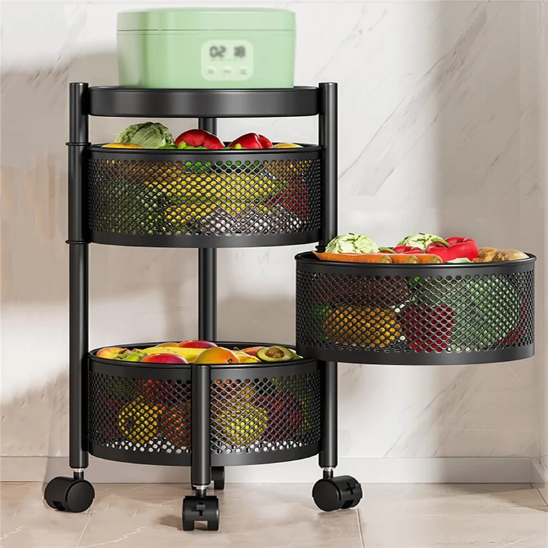 3-Tier Round Basket Kitchen Home Storage Cart Carbon Steel Rotating Shelves Fruits Vegetables Snacks Organizer - Black