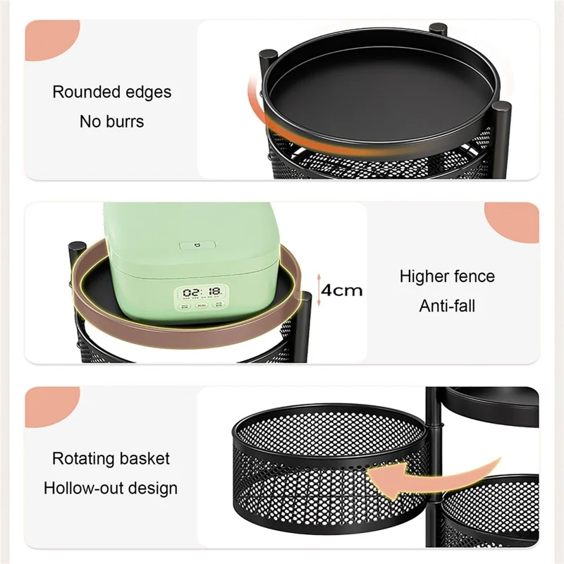 3-Tier Round Basket Kitchen Home Storage Cart Carbon Steel Rotating Shelves Fruits Vegetables Snacks Organizer - Black