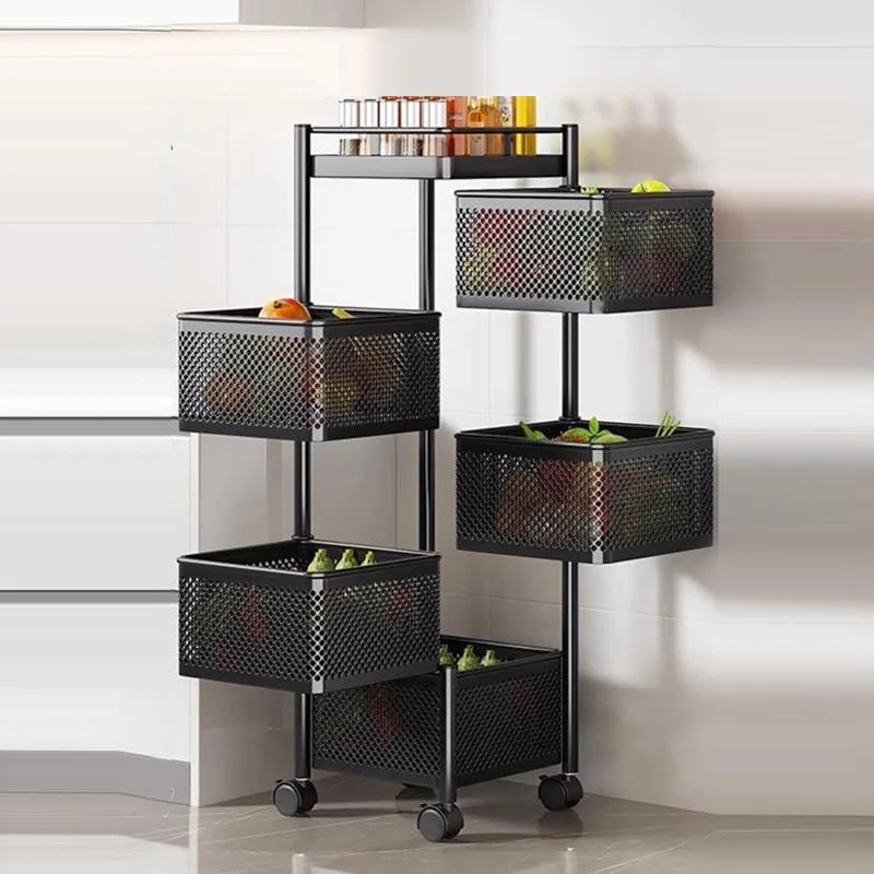 5-Tier Rotating Basket Home Storage Cart Carbon Steel Kitchen Fruits Vegetables Snacks Organizer - Black