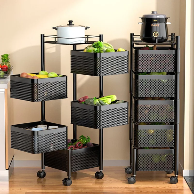 5-Tier Rotating Basket Home Storage Cart Carbon Steel Kitchen Fruits Vegetables Snacks Organizer - Black