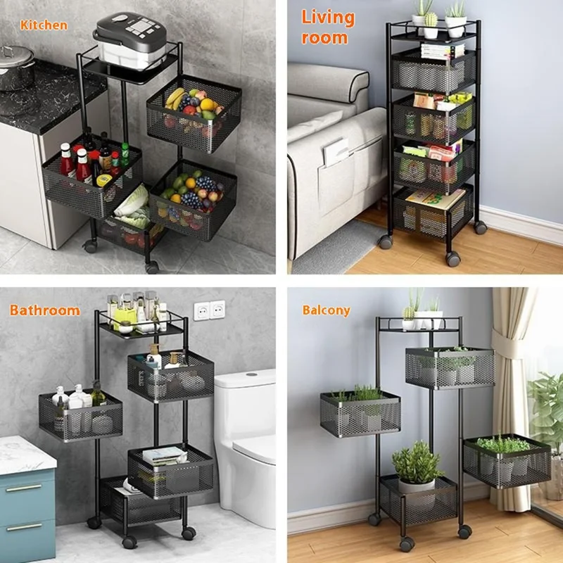 5-Tier Rotating Basket Home Storage Cart Carbon Steel Kitchen Fruits Vegetables Snacks Organizer - Black