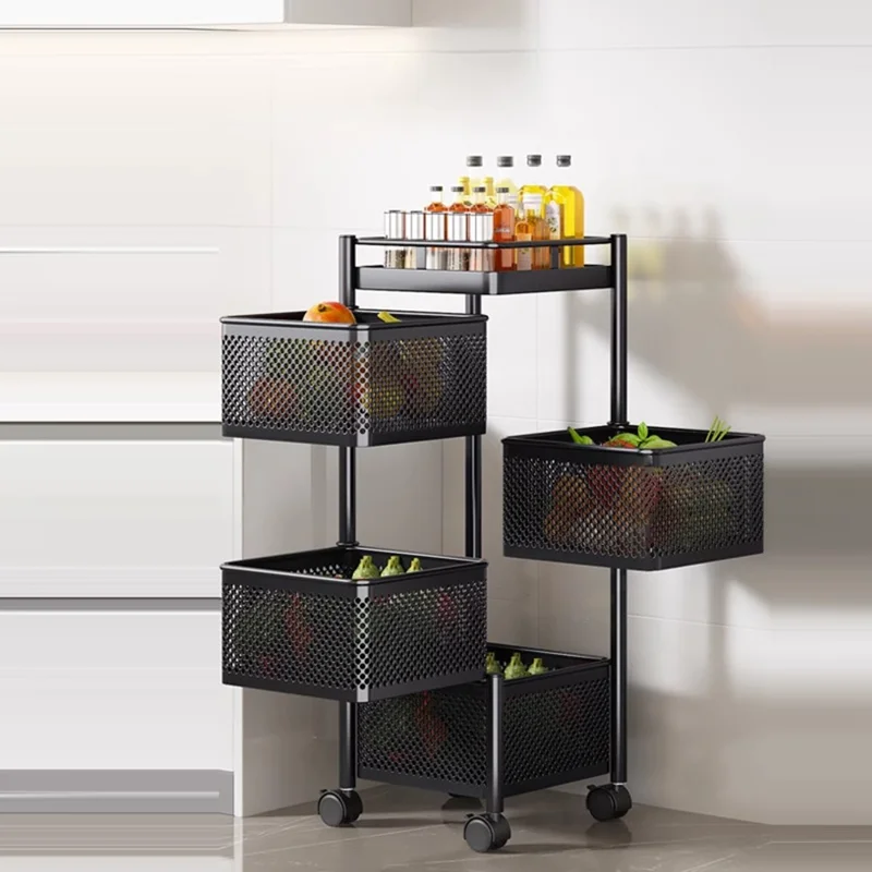 Carrinho de Armazenamento Giratório de 4 Níveis, Cozinha de Aço Carbono, Frutas, Vegetais, Lanches - Preto