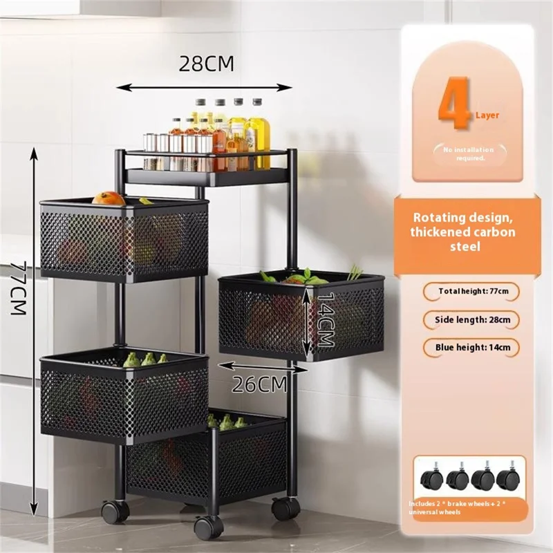 Carrinho de Armazenamento Giratório de 4 Níveis, Cozinha de Aço Carbono, Frutas, Vegetais, Lanches - Preto