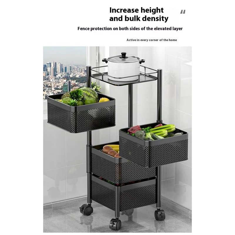 Carrinho de Armazenamento Giratório de 4 Níveis, Cozinha de Aço Carbono, Frutas, Vegetais, Lanches - Preto