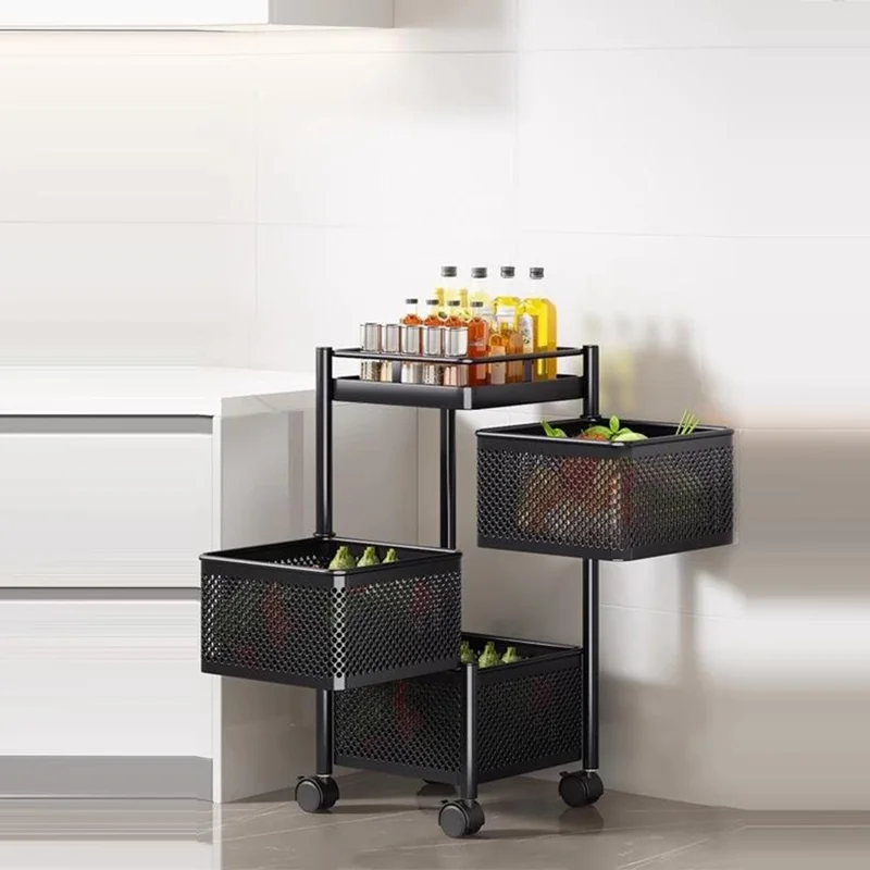 Carrello Portaoggetti Rotante a 3 Ripiani in Acciaio Carbonio per Cucina - Organizer per Frutta, Verdura e Snack - Nero