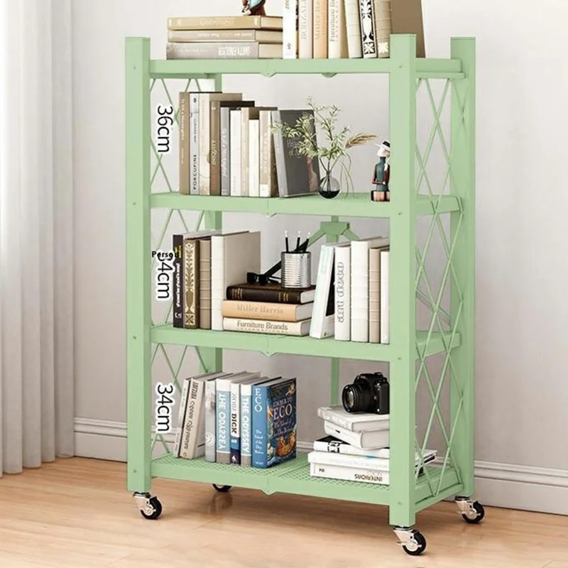 4 Tiers Foldable Carbon Steel Storage Rack for Kitchen Living Room Multipurpose Organizer Shelf with Wheels - Green