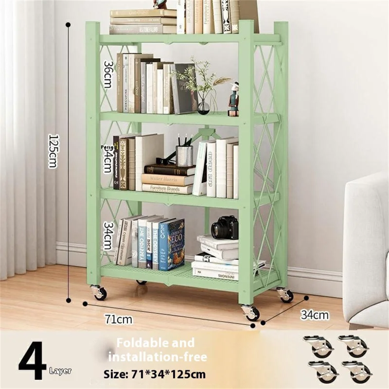 4 Tiers Foldable Carbon Steel Storage Rack for Kitchen Living Room Multipurpose Organizer Shelf with Wheels - Green