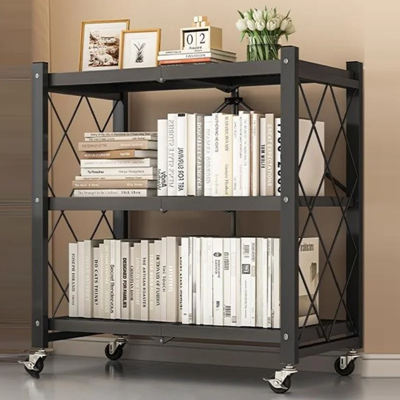 3 Tiers Foldable Carbon Steel Storage Rack for Kitchen Living Room Multipurpose Organizer Shelf with Wheels - Black
