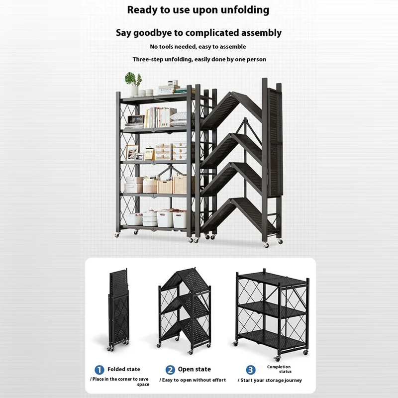 3 Tiers Foldable Carbon Steel Storage Rack for Kitchen Living Room Multipurpose Organizer Shelf with Wheels - Black