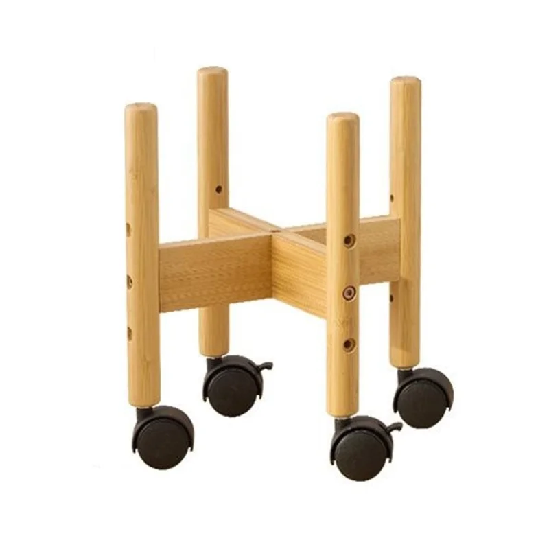 Size S Cross Shaped Plant Stand with Wheels Adjustable Height Bamboo Movable Flower Pot Holder Rack - Bamboo Color
