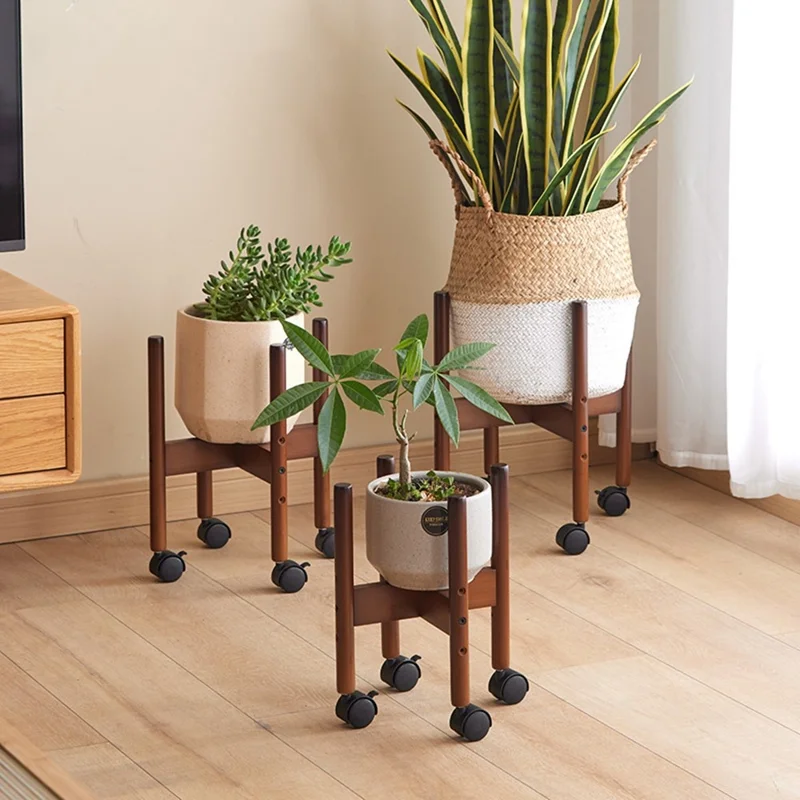 Size S Cross Shaped Plant Stand with Wheels Adjustable Height Bamboo Movable Flower Pot Holder Rack - Bamboo Color