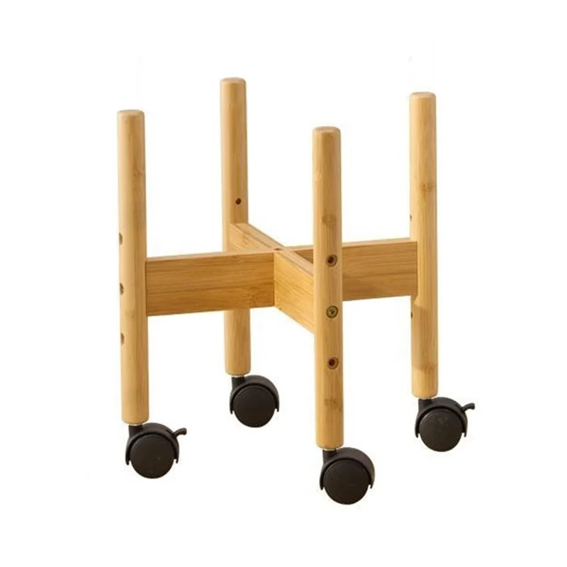 Size M Cross Shaped Plant Stand with Wheels Adjustable Height Bamboo Movable Flower Pot Holder Rack - Bamboo Color