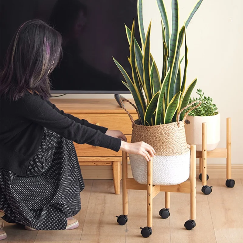 Size M Cross Shaped Plant Stand with Wheels Adjustable Height Bamboo Movable Flower Pot Holder Rack - Bamboo Color