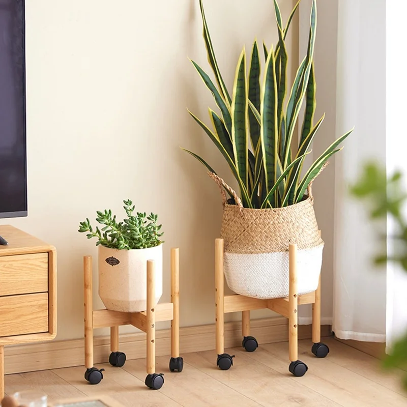 Size M Cross Shaped Plant Stand with Wheels Adjustable Height Bamboo Movable Flower Pot Holder Rack - Bamboo Color